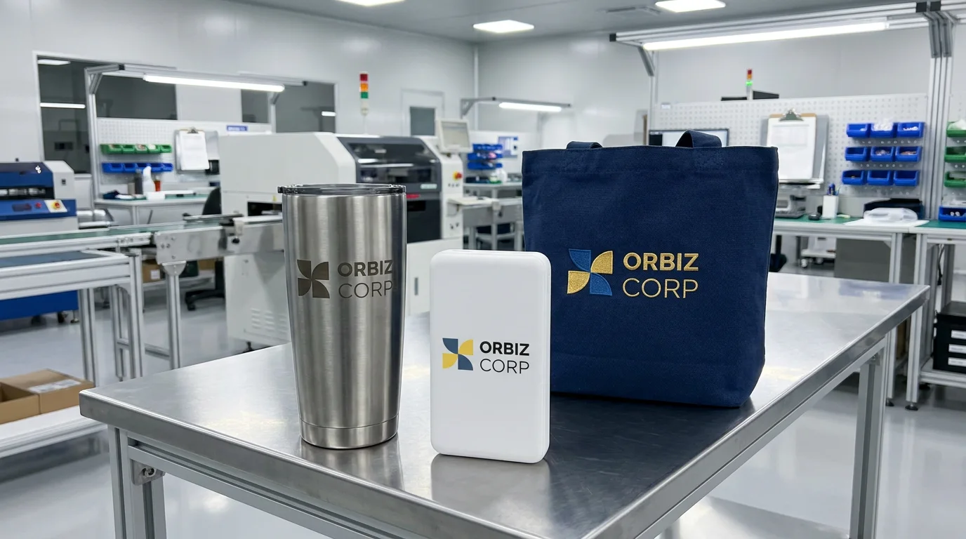 Branded tumbler, power bank and tote bag prepared in a production facility